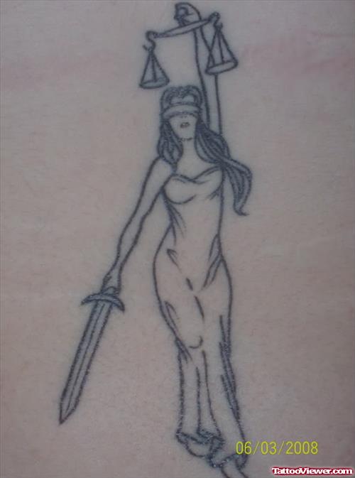 Grey Ink Blind Lady Justice Tattoo