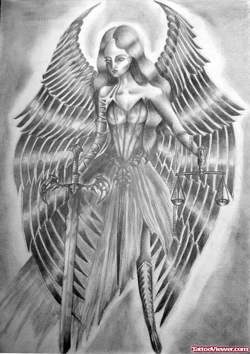 Grey Ink Angel Girl Justice Tattoo Design