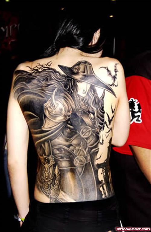 Dark Ink Justice Tattoo On Back Body