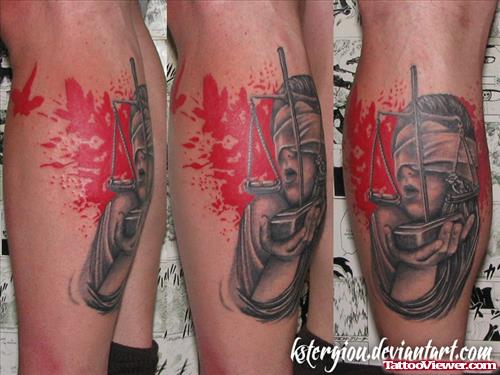 Colored Lady Justice Tattoo On Leg