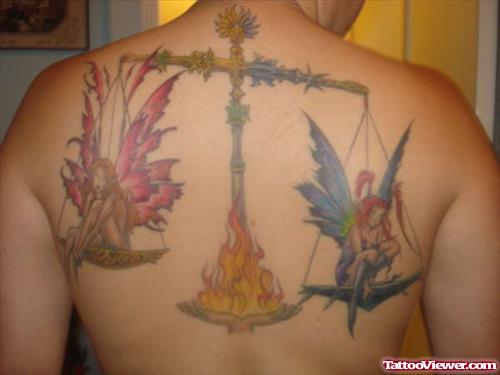 Colored Ink Justice Balance Tattoo On Back