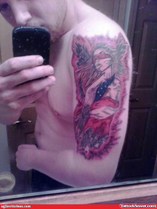 Color Ink Justice Tattoo On Man Left Half Sleeve