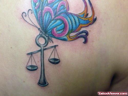 Color Butterfly And Scale Justice Tattoo On Back Shoulder