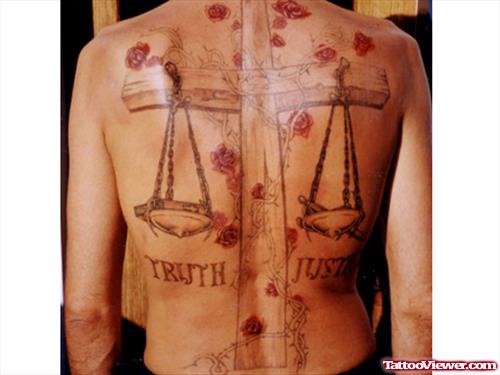 Back Justice Cross And Scales Tattoo On Back