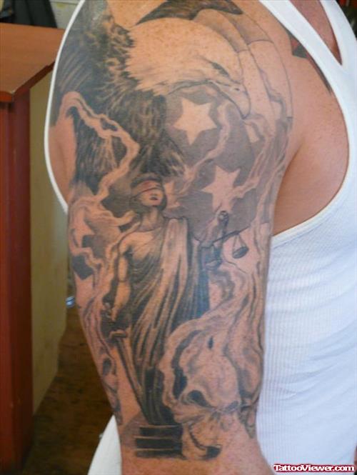 Attractive Grey Ink Justice Tattoo On Right Half Sleeve