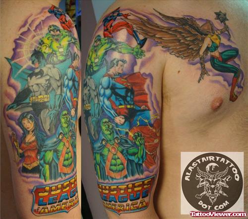 Awesome Color Ink Justice Tattoo On Half Sleeve