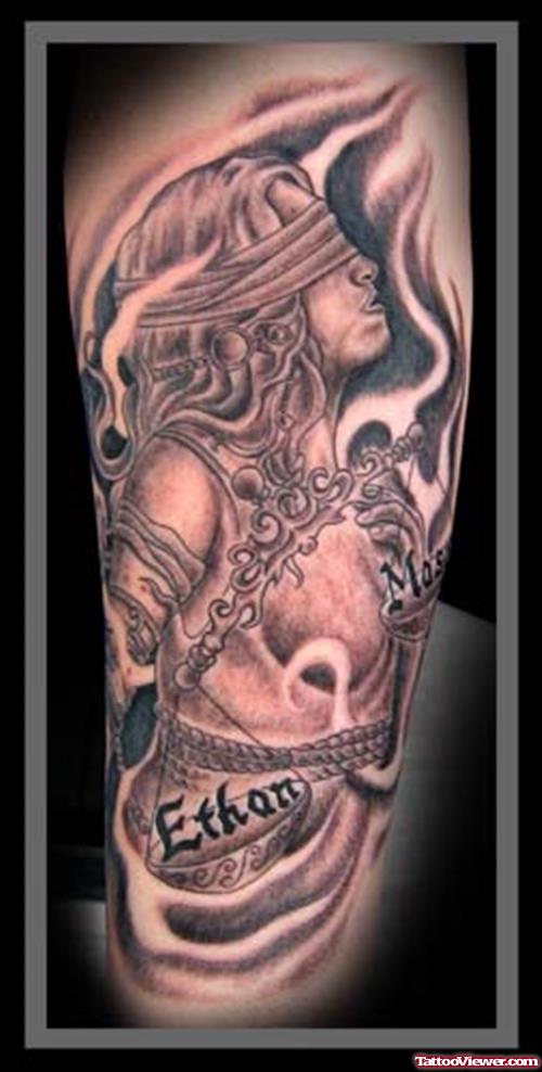 Amazing Grey Ink Lady Justice Tattoo On Left Sleeve