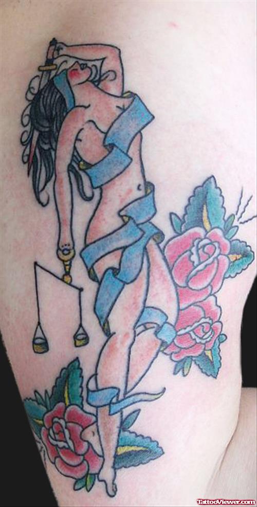 Red Rose Flowers And Justice Tattoo