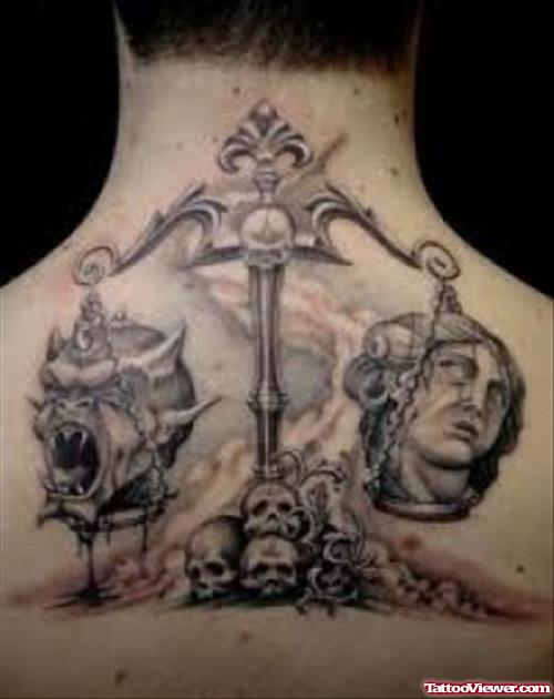 Justice Tattoo On Man Upperback