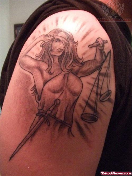 Justice Lady With Scales Tattoo On Shoulder