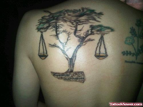 Grey Ink Tree And Justice Tattoo On Back Shoulder
