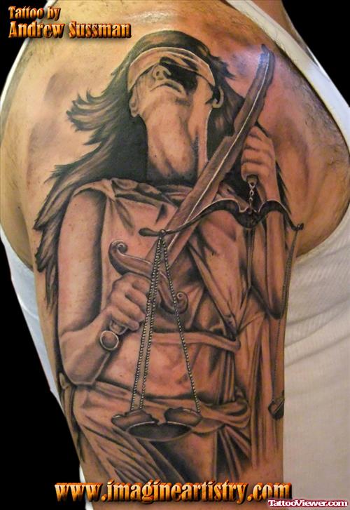 Grey Ink Lady Justice Tattoo On Man Right Half Sleeve