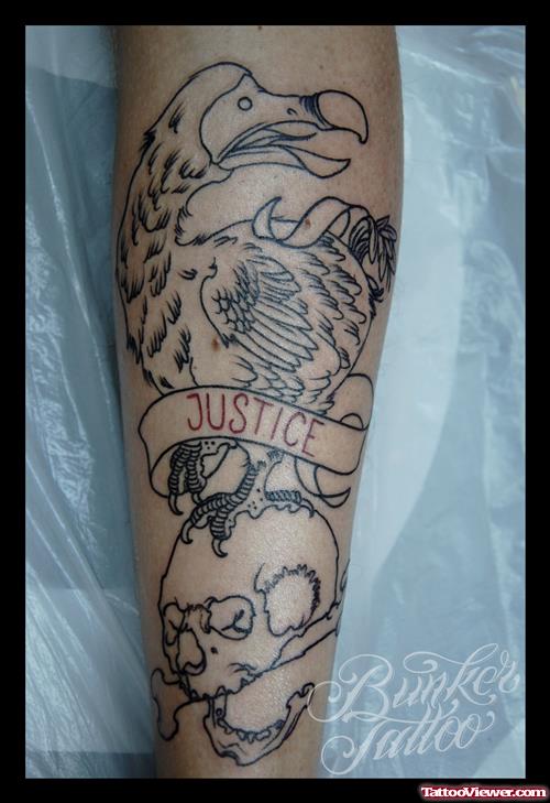 Grey Ink Banner and Justice Tattoo On Sleeve