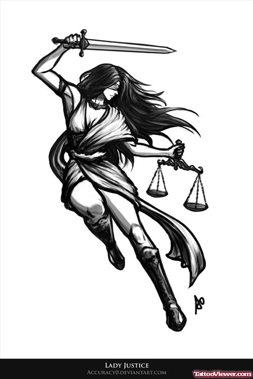 Girl With Balance And Dagger Justice Tattoo Design