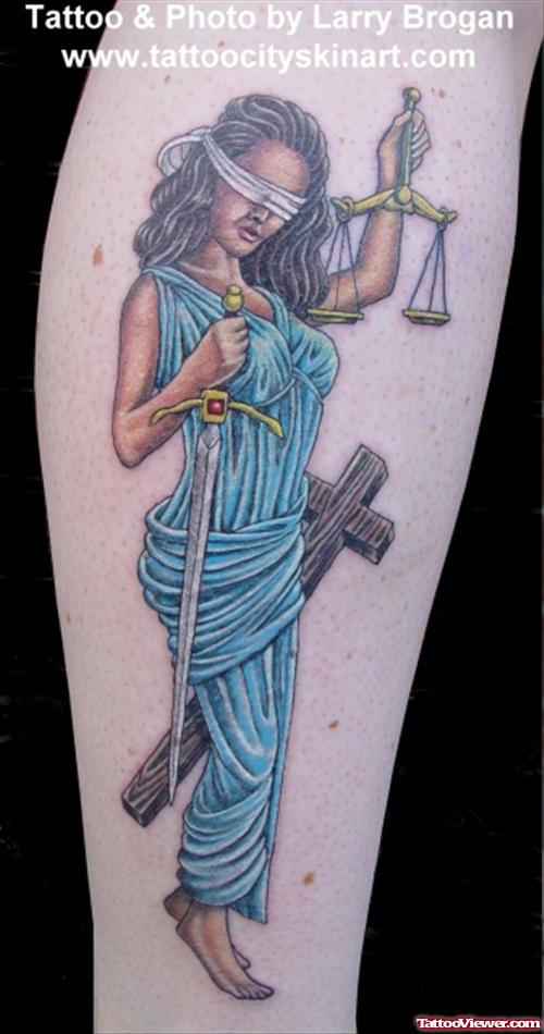 Awesome Colored Justice Tattoo On Leg
