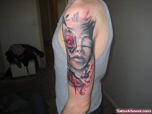 Awesome Color Ink Justice Tattoo On Left Sleeve