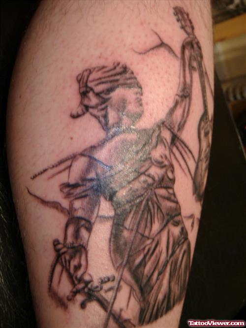 Attractive Grey Ink Justice Tattoo On Leg