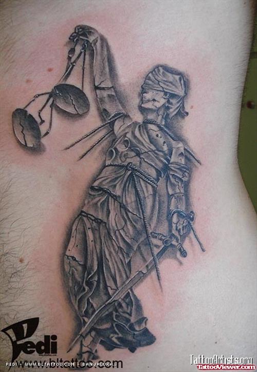 Amazing Grey Ink Justice Tattoo On Side