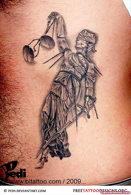 Amazing Grey Ink Justice Tattoo On Man Side Rib