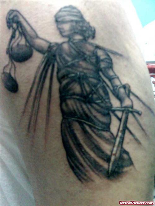 Grey Ink Lady Justice Tattoo On Side