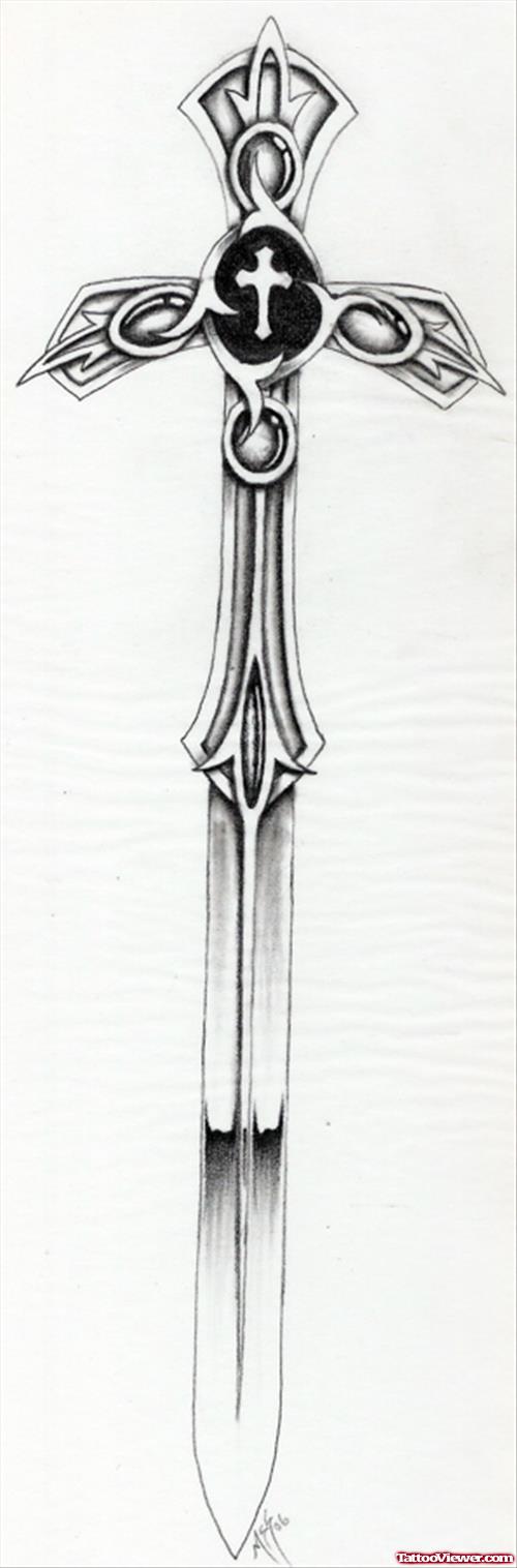 Grey Ink Justice Sword Tattoo Design