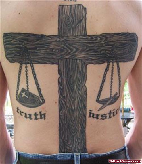 Dark Ink Justice Tattoo On Man Back Body