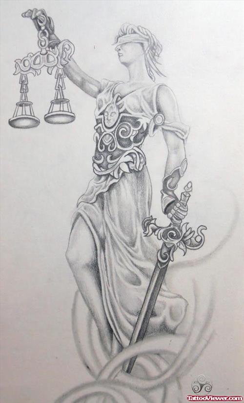 Awesome Grey Ink Justice Tattoo Design