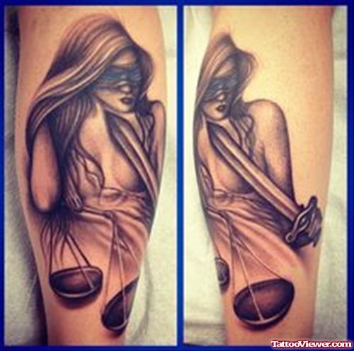 Amazing Grey Ink Lady Justice Tattoo On Leg