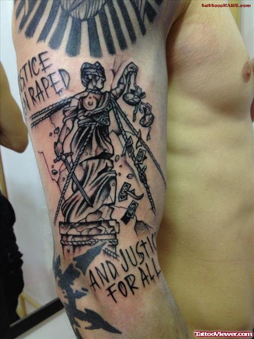 Justice Tattoo On Man Full Sleeve