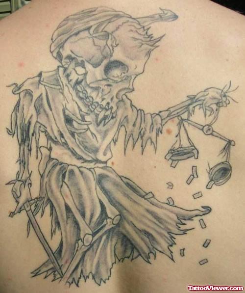 Grey Ink Scary Justice Tattoo On Back