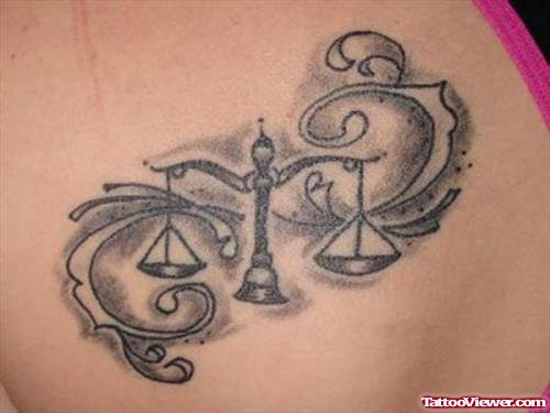 Grey Ink Libra Justice Tattoo On Back