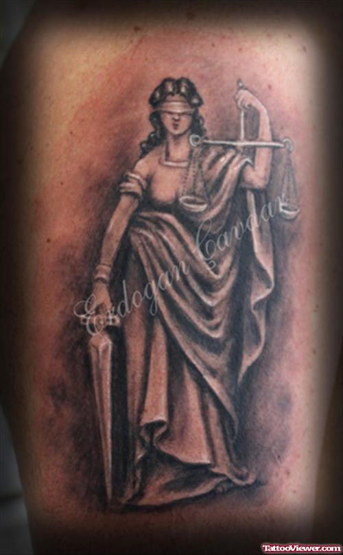 Grey Ink Lady With Dagger And Balance Justice Tattoo