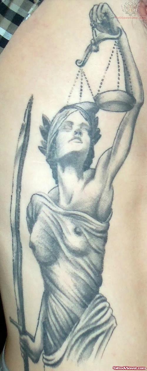 Grey Ink Lady Justice With Balance Tattoo