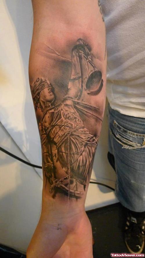 Grey Ink Justice Tattoo On Right Forearm