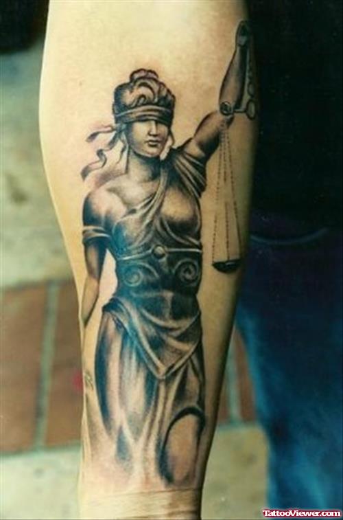 Grey Ink Lady Justice Tattoo On Sleeve