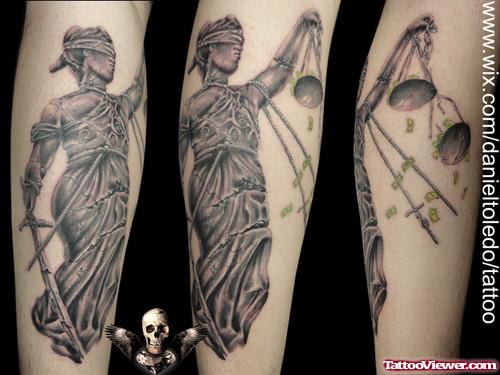 Grey Ink Blnd Lady Justice Tattoo On Sleeve