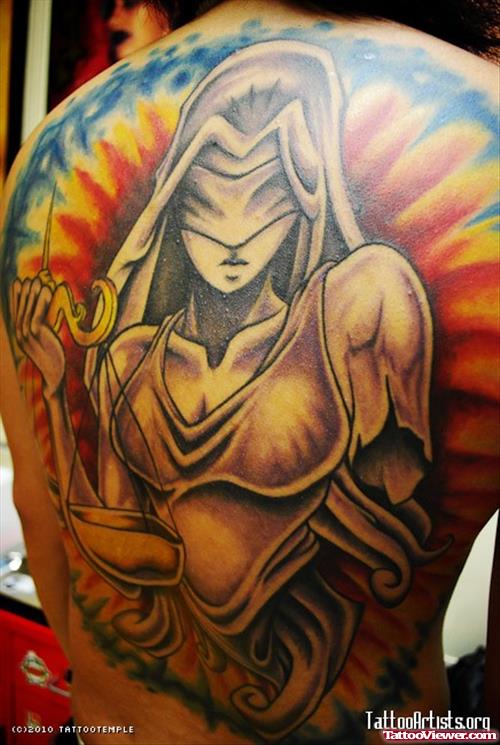 Colored Ink Justice Tattoo On Back