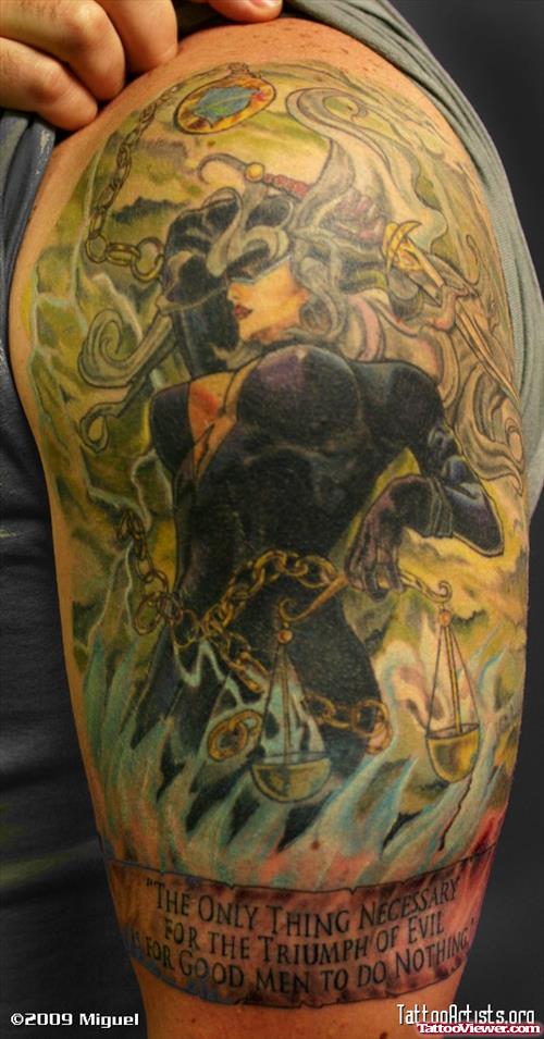 Color Ink Justice Tattoo On Left Half Sleeve