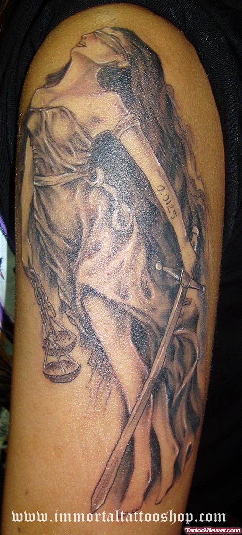 Awesome Grey Ink Justice Tattoo On Left Sleeve