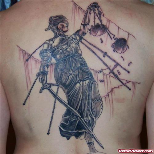 Attractive Grey Ink Justice Tattoo On Back