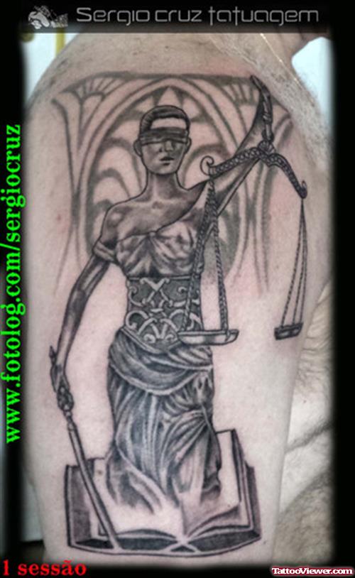 Lady Justice With Scales Tattoo On Right Half Sleeve
