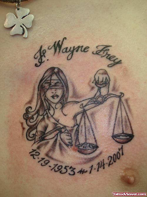 Grey Ink Lady Justice Tattoo On Man Chest