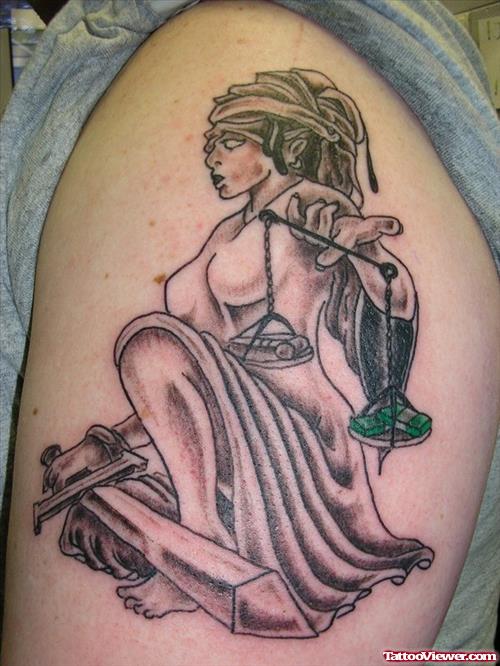 Grey Ink Lady Justice Tattoo On Left Half Sleeve