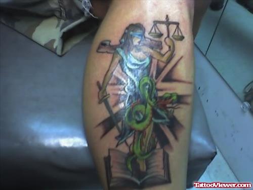 Colored Snake and Lady Justice Tattoo