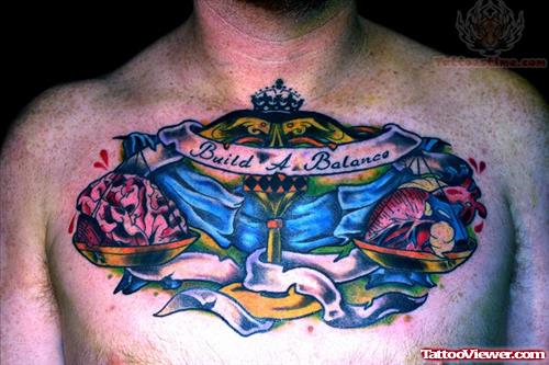 Colored Justice Tattoo On Man Chest