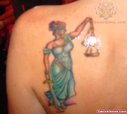 Justice Lady Tattoo On Back Shoulder