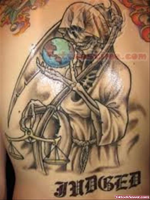 Justice Skeleton Tattoo On Back