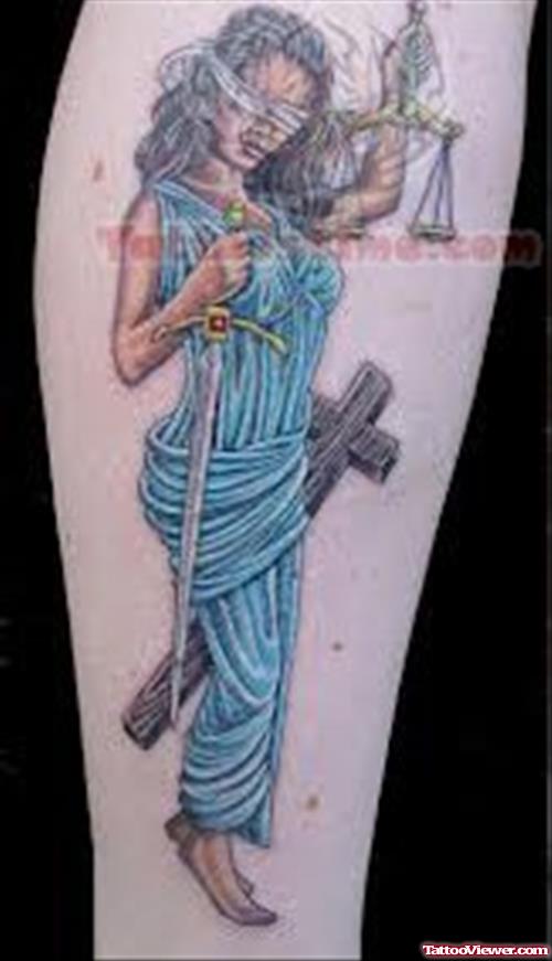 Justice Lady And Cross Tattoo