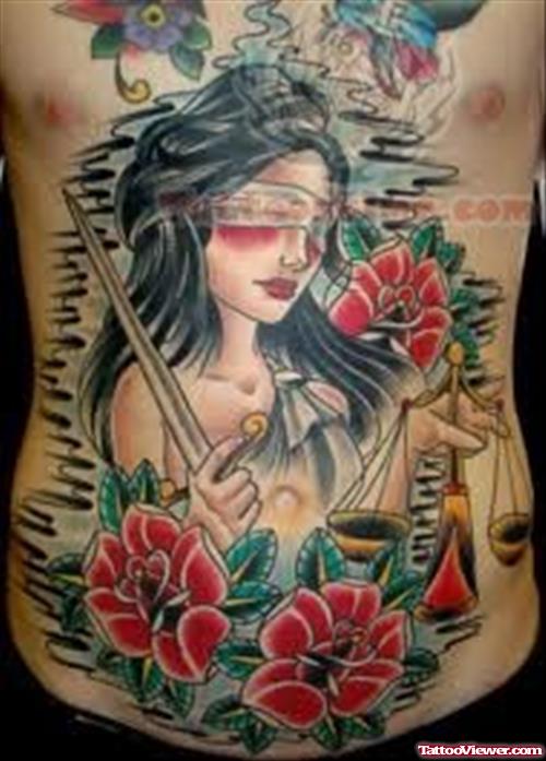 Justice Lady And Flowers Tattoo
