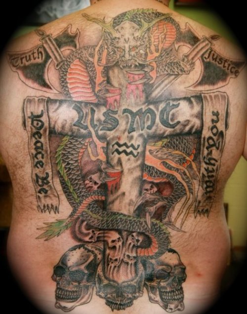 Colored Justice Tattoo On Man Back